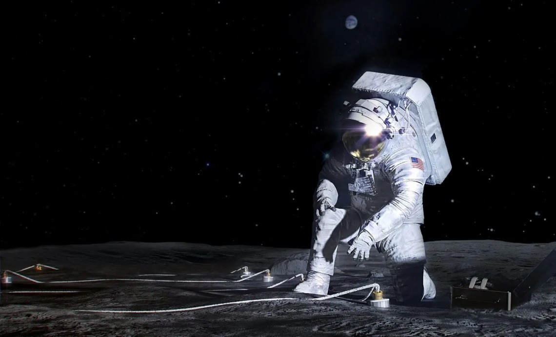 Artemis astronaut deploying an instrument on the lunar surface
